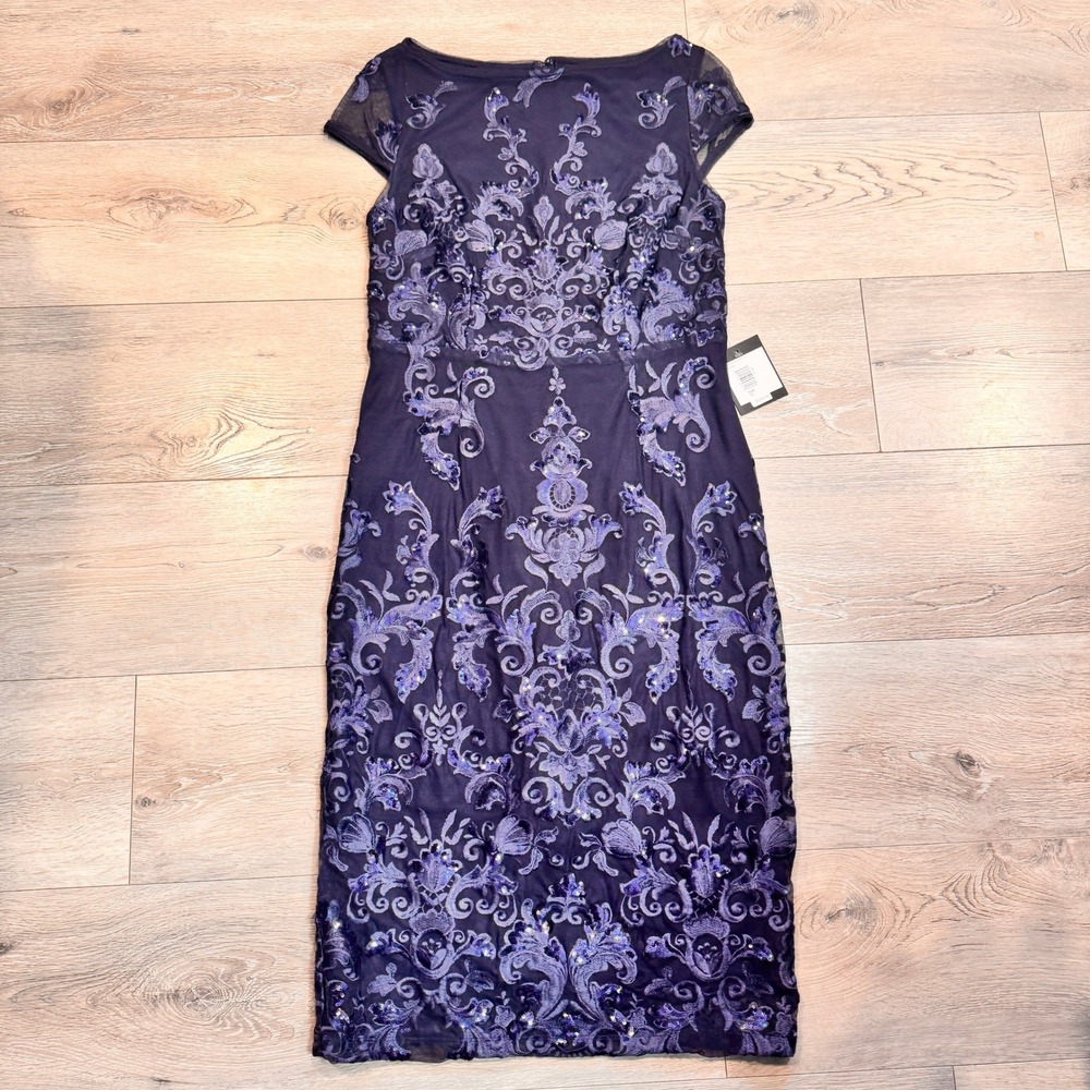 NWT Marina Navy Blue‎ Sequin Lace Sheath Dress Evening Formal Occasion 10 Medium
